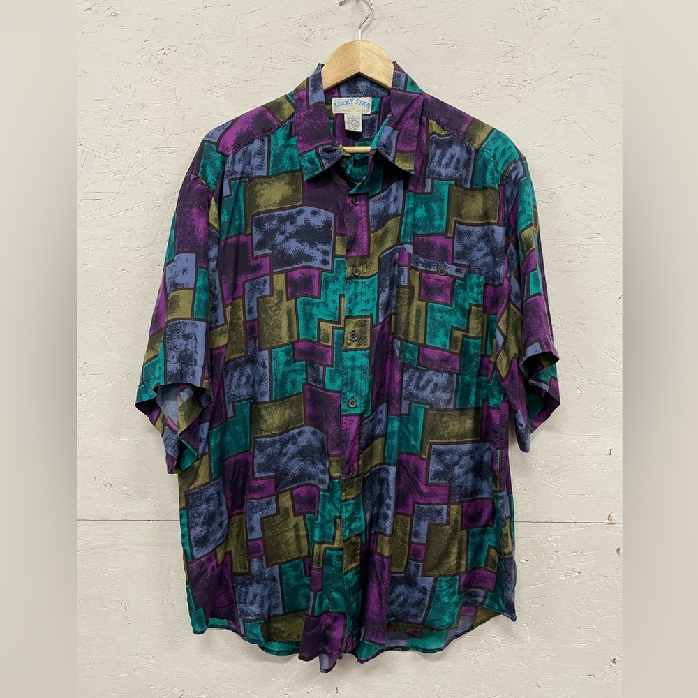 Vintage Lucky Star Geometric Abstract Silk Button Down Shirt, Size L, Colourful